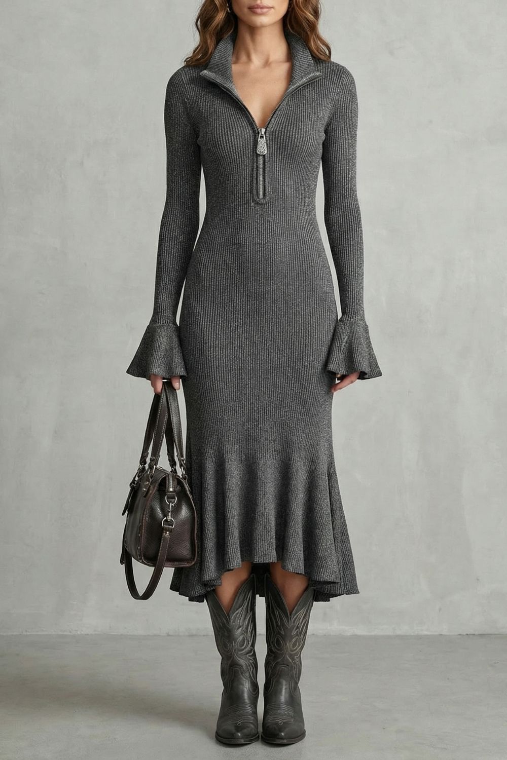 Veloria – Flared cuff elegance – Zip midi dress-10452979548503-ZARA MAE LONDON