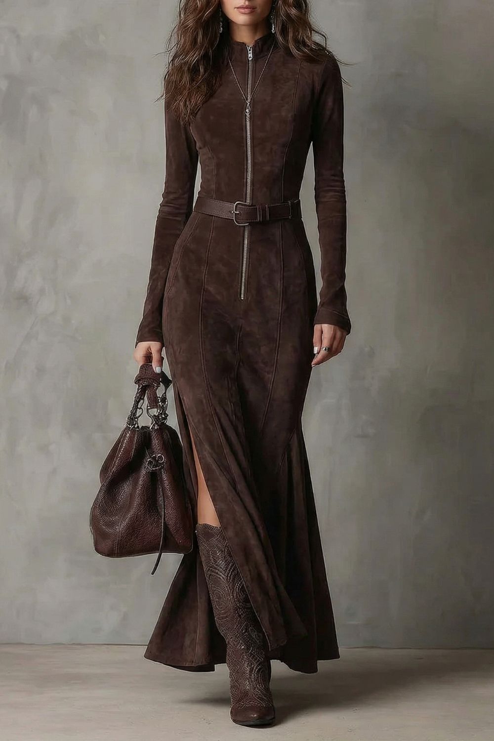 Raviona – Belted suede style – Maxi zip dress（Includes belt）-10454016754007-ZARA MAE LONDON