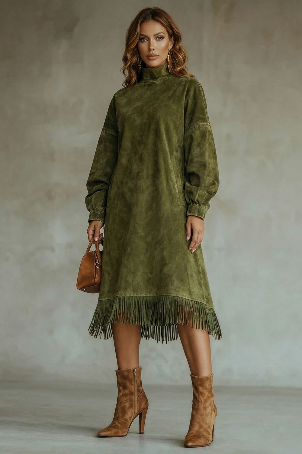 Valdrina – Suede fringe detail – Midi turtleneck dress-10434771747159-ZARA MAE LONDON