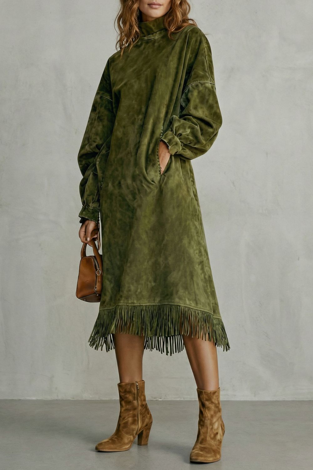 Valdrina – Suede fringe detail – Midi turtleneck dress-10452926300503-ZARA MAE LONDON