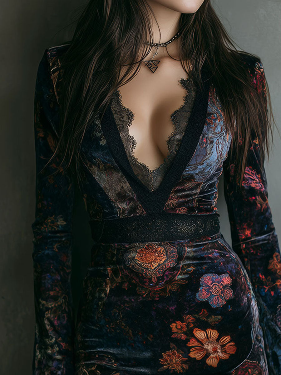 Solenza – Baroque lace plunge – Velvet mini dress-10427580809559-ZARA MAE LONDON