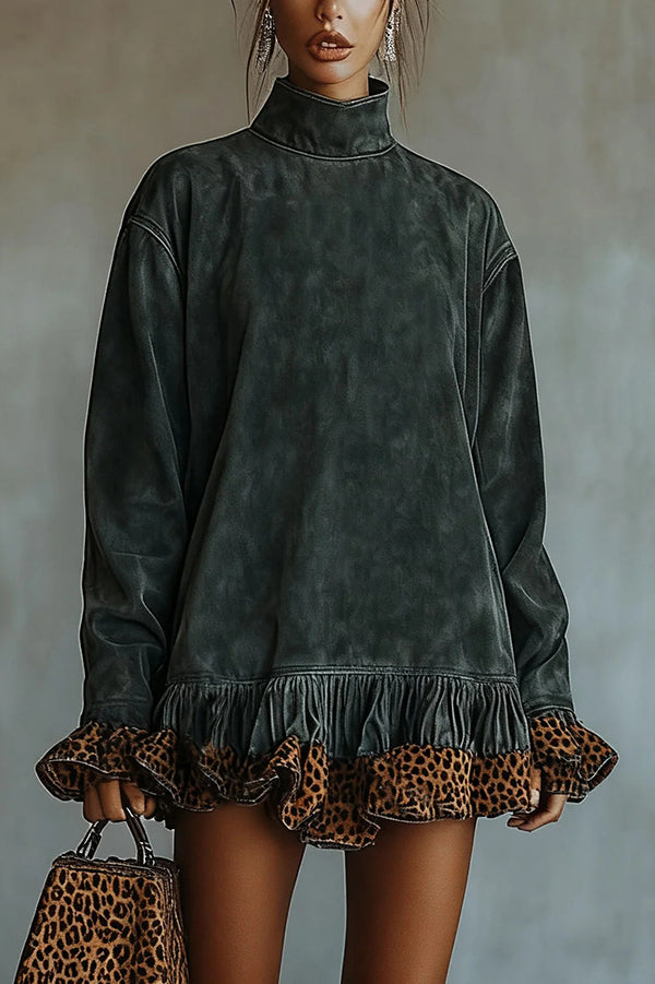 Selvatta – Leopard trim ruffle – Suede mini dress-10434806808919-ZARA MAE LONDON