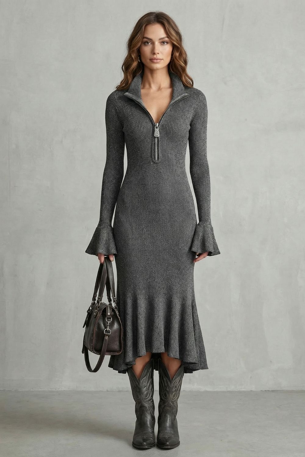 Veloria – Flared cuff elegance – Zip midi dress-10452979548503-ZARA MAE LONDON