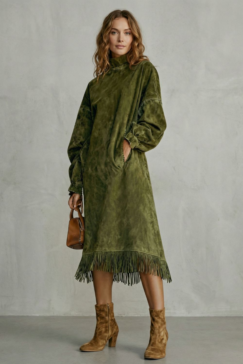 Valdrina – Suede fringe detail – Midi turtleneck dress-10452926300503-ZARA MAE LONDON