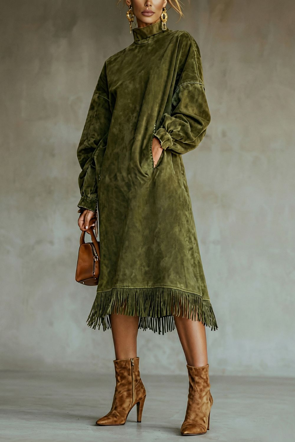 Valdrina – Suede fringe detail – Midi turtleneck dress-10434771747159-ZARA MAE LONDON