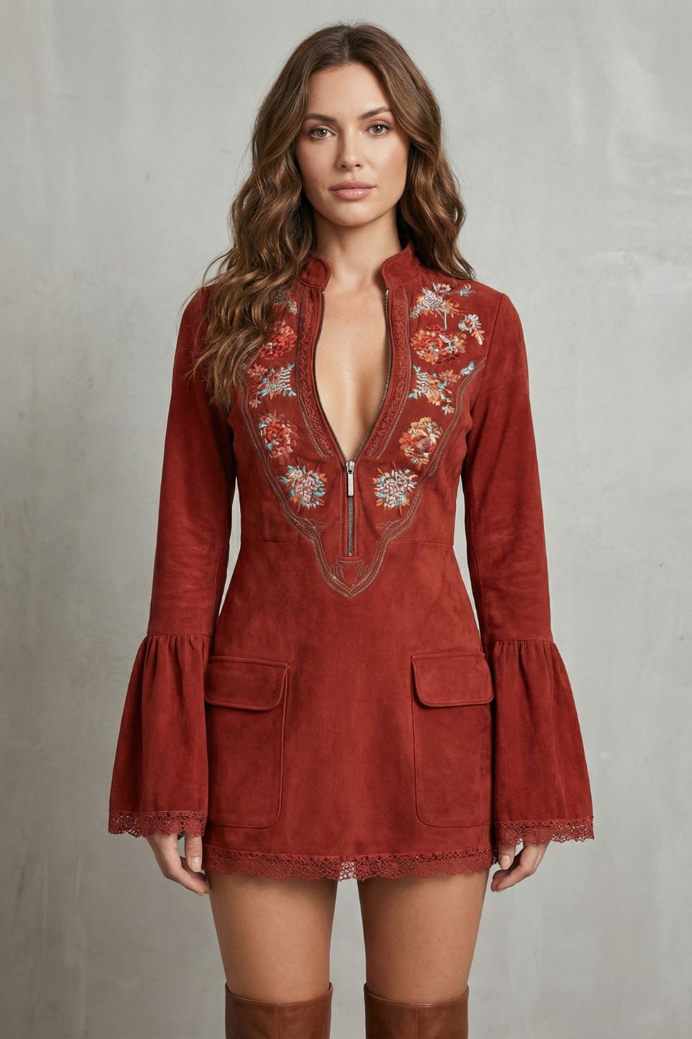 Rosavine – Embroidered neckline – Suede mini dress-10452971651415-ZARA MAE LONDON