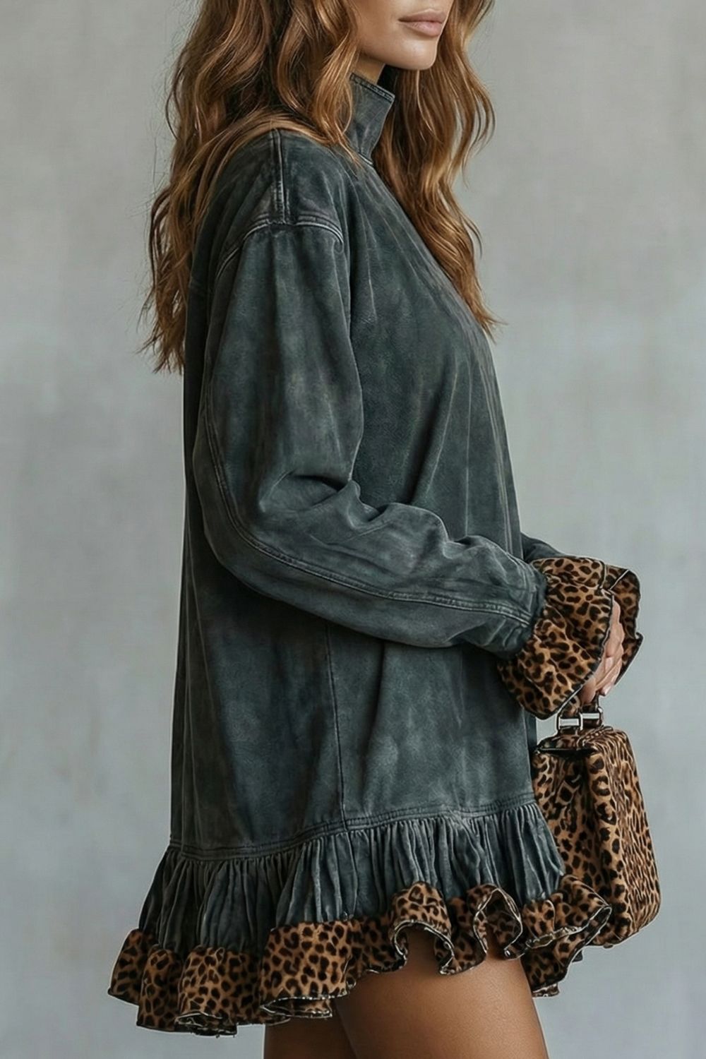 Selvatta – Leopard trim ruffle – Suede mini dress-10452970996055-ZARA MAE LONDON