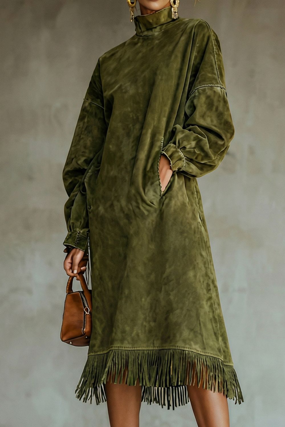Valdrina – Suede fringe detail – Midi turtleneck dress-10434771747159-ZARA MAE LONDON