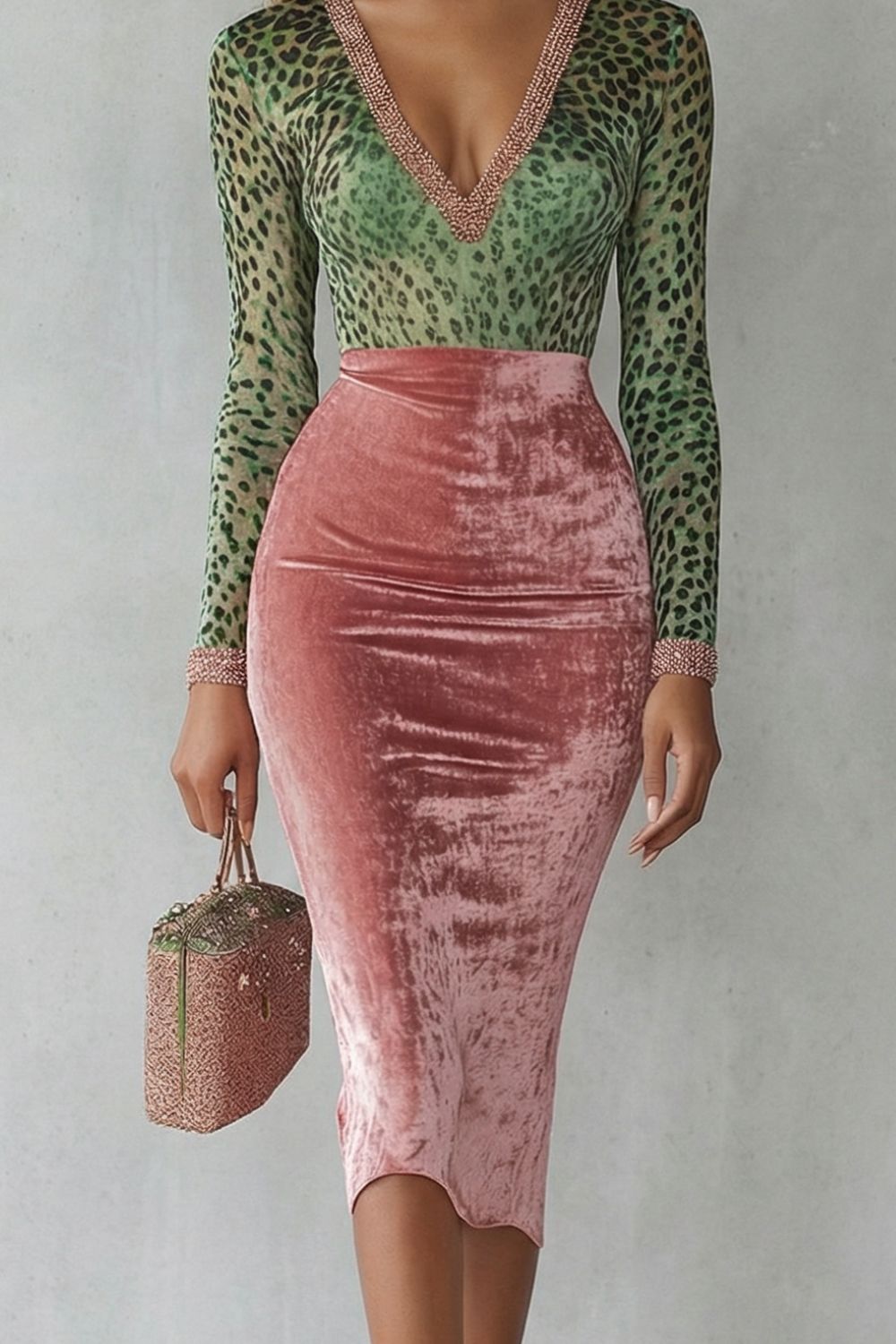 Virelline – Leopard velvet contrast – Bodycon midi dress-10451331875159-ZARA MAE LONDON