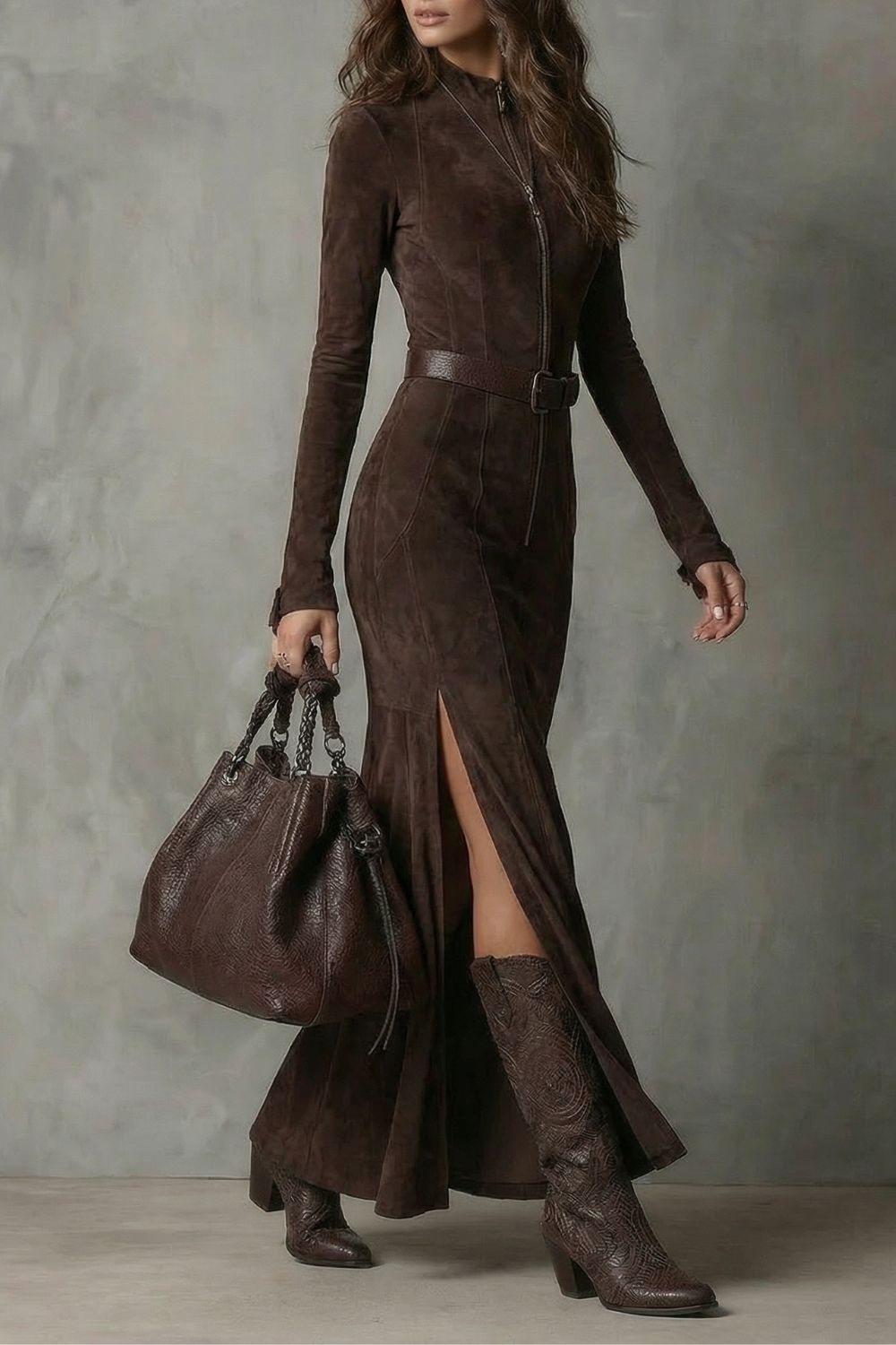 Raviona – Belted suede style – Maxi zip dress（Includes belt）-10454016754007-ZARA MAE LONDON