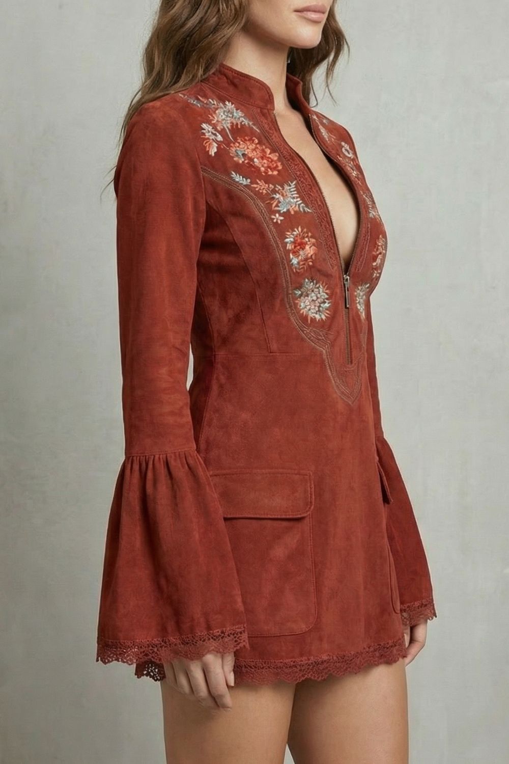 Rosavine – Embroidered neckline – Suede mini dress-10452971651415-ZARA MAE LONDON