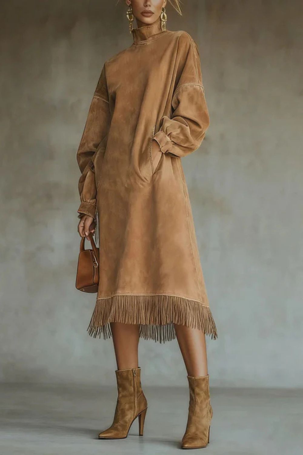 Valdrina – Suede fringe detail – Midi turtleneck dress-10434771747159-ZARA MAE LONDON