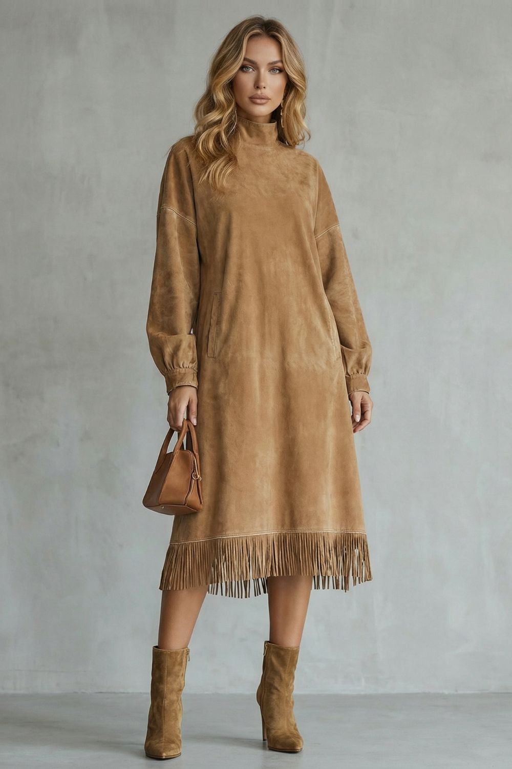 Valdrina – Suede fringe detail – Midi turtleneck dress-10434771747159-ZARA MAE LONDON