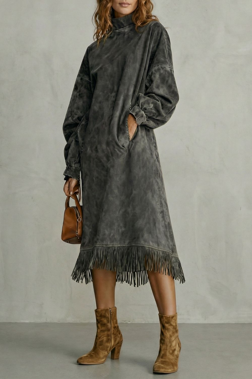 Valdrina – Suede fringe detail – Midi turtleneck dress-10452926300503-ZARA MAE LONDON