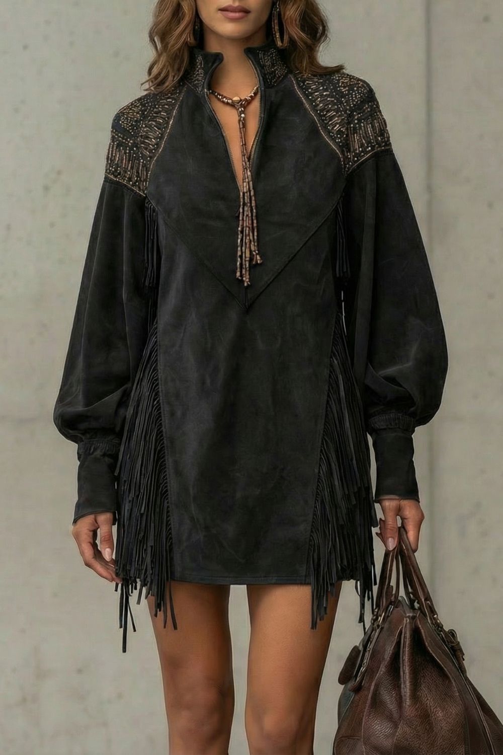 Calvetta – Embroidered fringe detail – Tunic mini dress-10452985053527-ZARA MAE LONDON