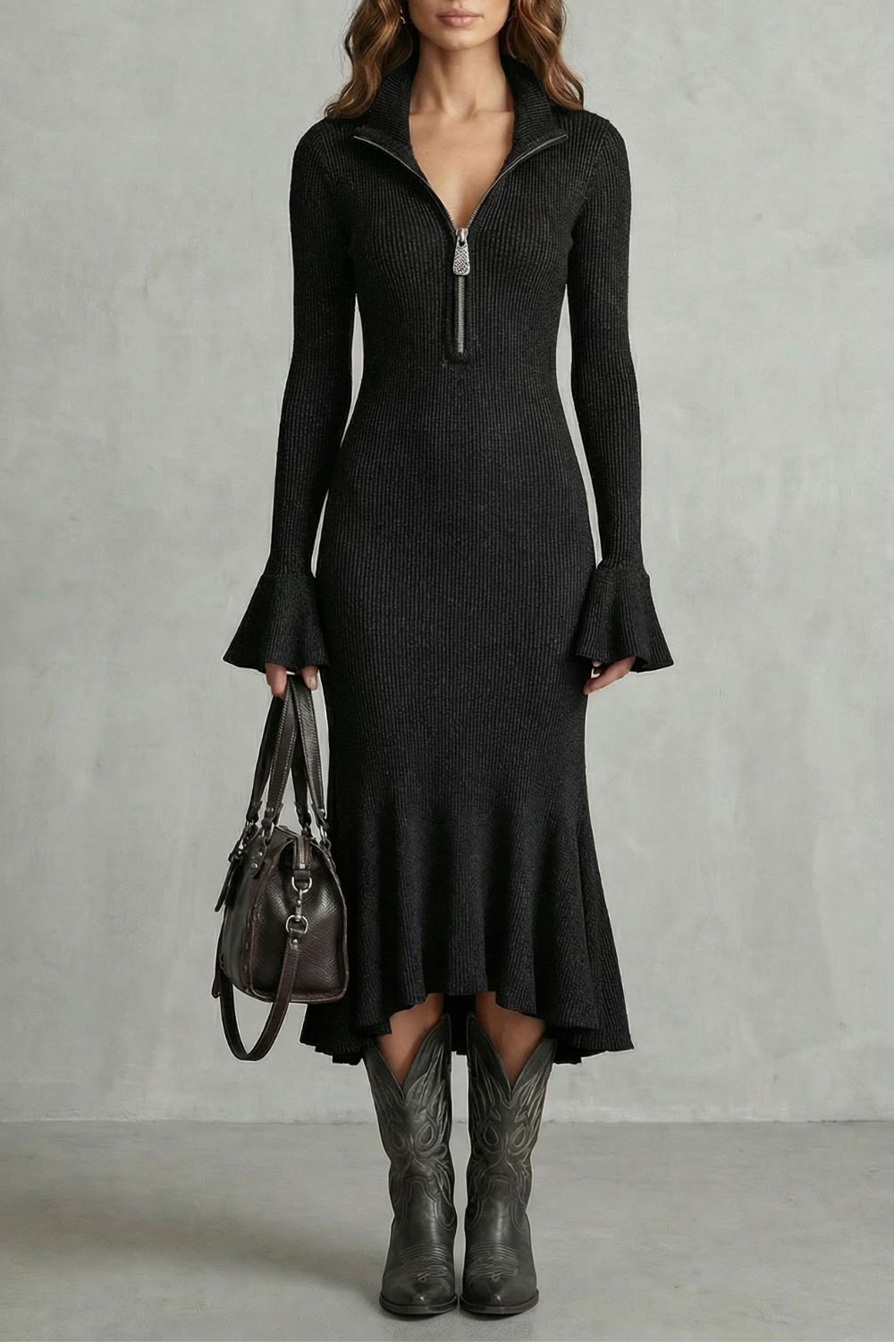 Veloria – Flared cuff elegance – Zip midi dress-10452979548503-ZARA MAE LONDON