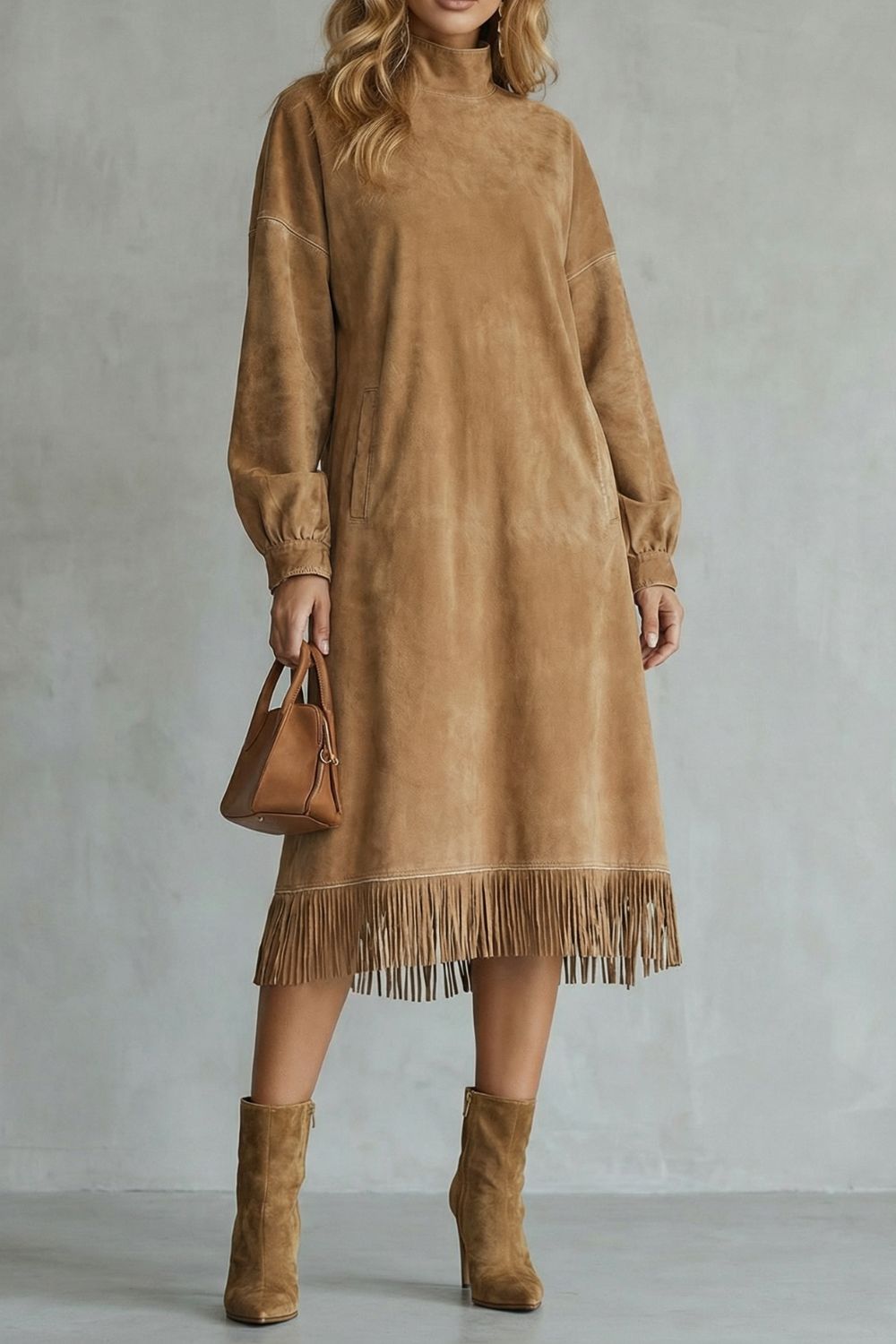 Valdrina – Suede fringe detail – Midi turtleneck dress-10434771747159-ZARA MAE LONDON