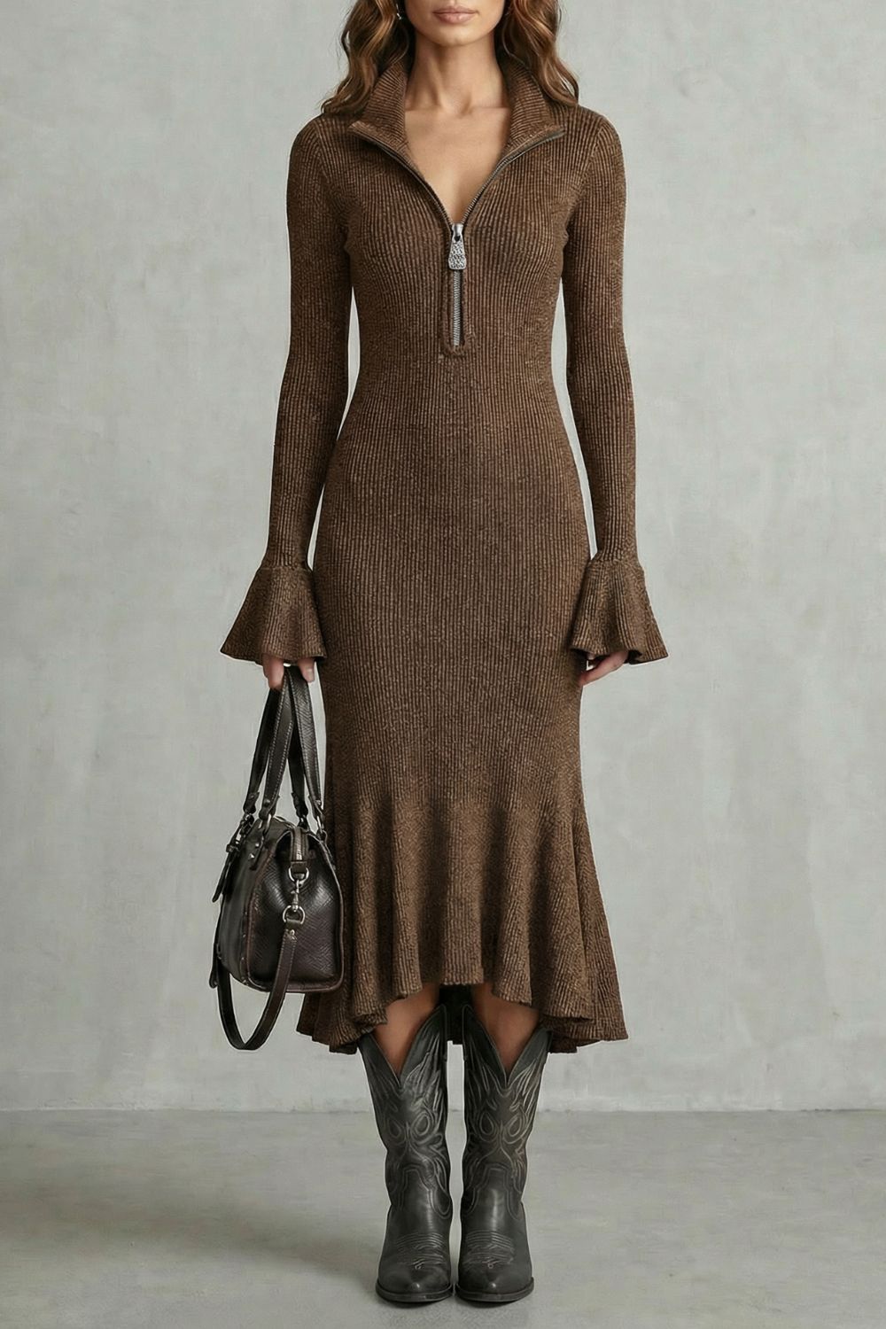 Veloria – Flared cuff elegance – Zip midi dress-10452979548503-ZARA MAE LONDON