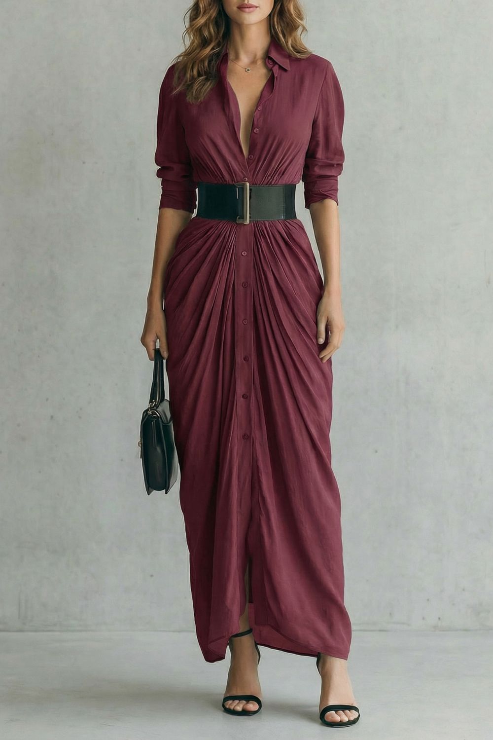 Solenzia – Pleated waist drama – Maxi shirt dress (includes belt)-10454149988695-ZARA MAE LONDON