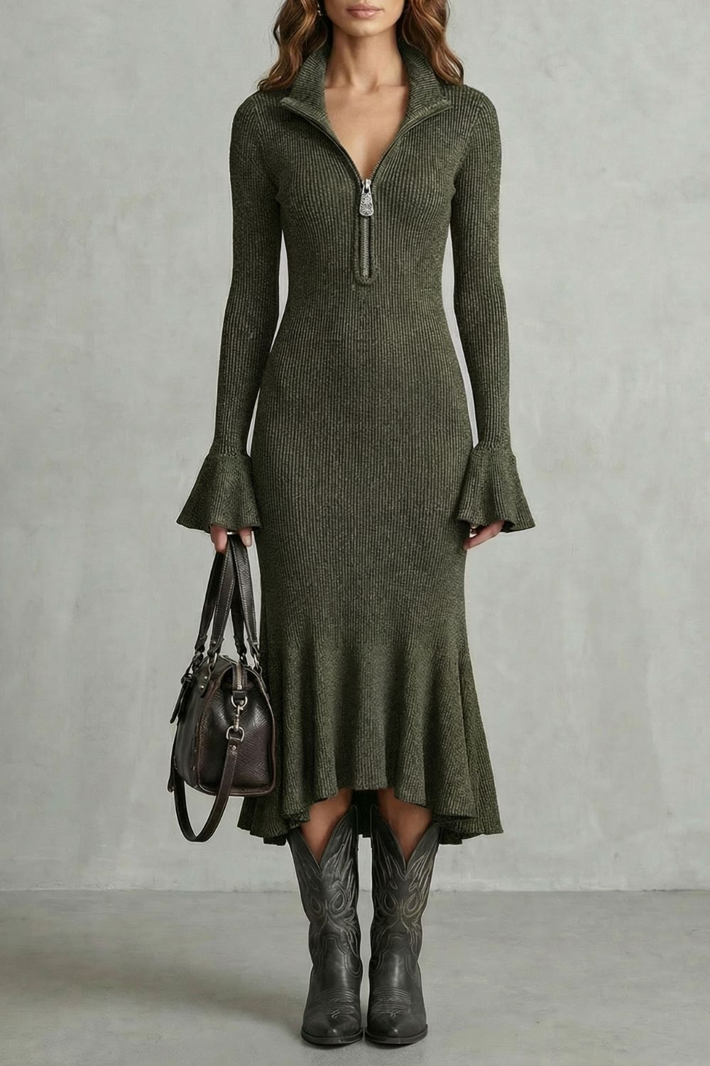 Veloria – Flared cuff elegance – Zip midi dress-10452979548503-ZARA MAE LONDON