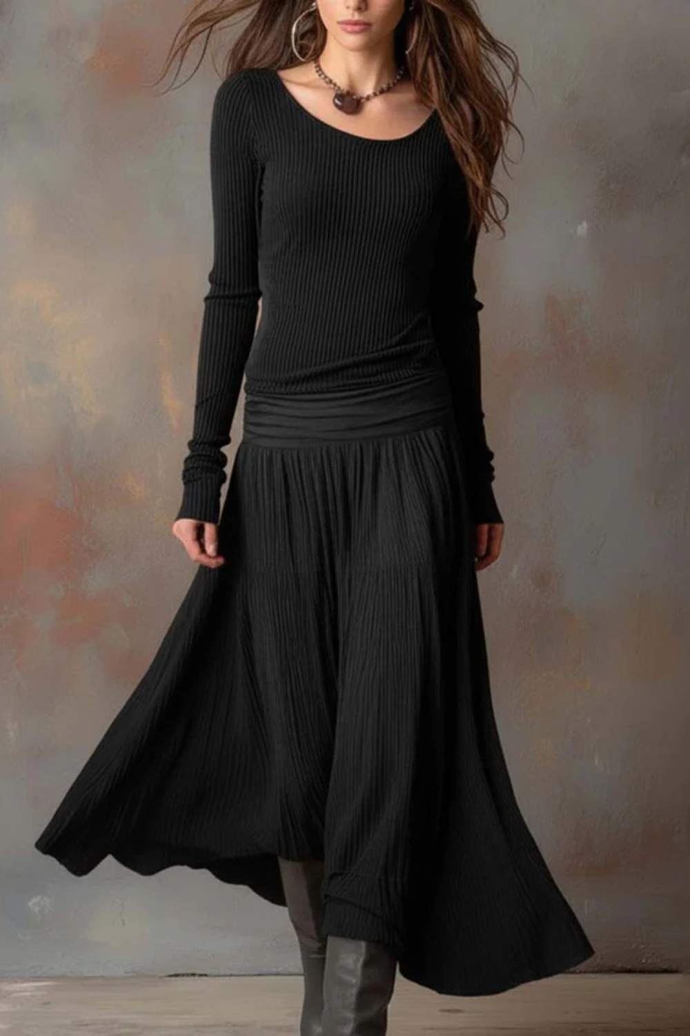 Brunelle – Flowy ribbed design – Long-sleeve maxi dress-10428391850327-ZARA MAE LONDON