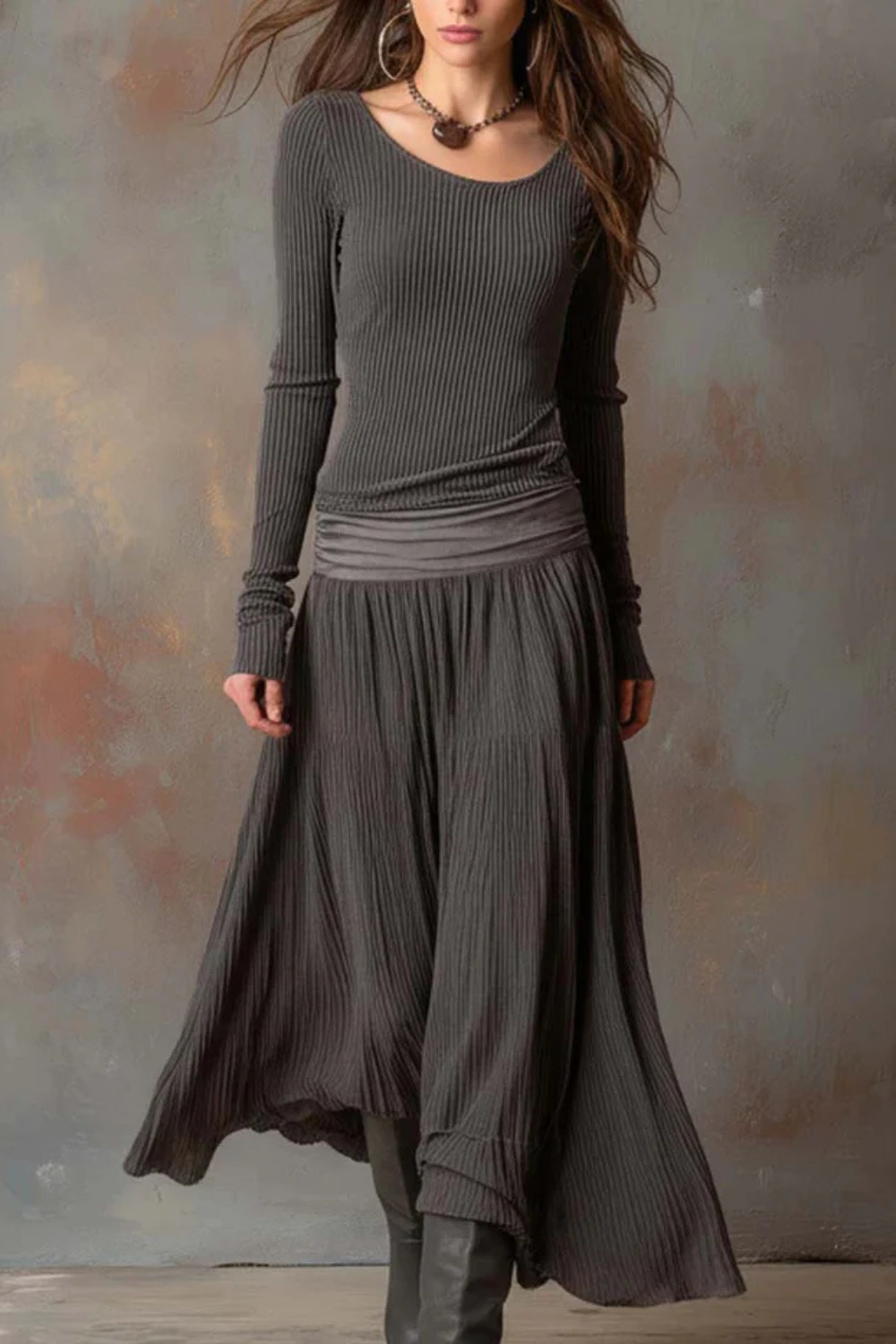 Brunelle – Flowy ribbed design – Long-sleeve maxi dress-10428391850327-ZARA MAE LONDON