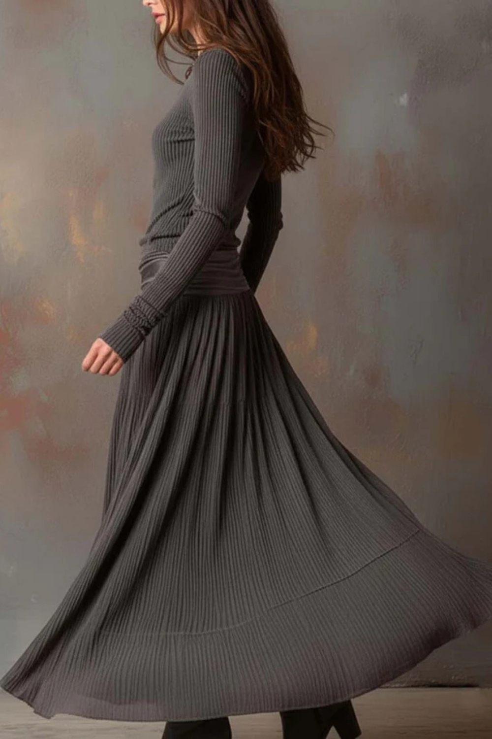 Brunelle – Flowy ribbed design – Long-sleeve maxi dress-10428391850327-ZARA MAE LONDON