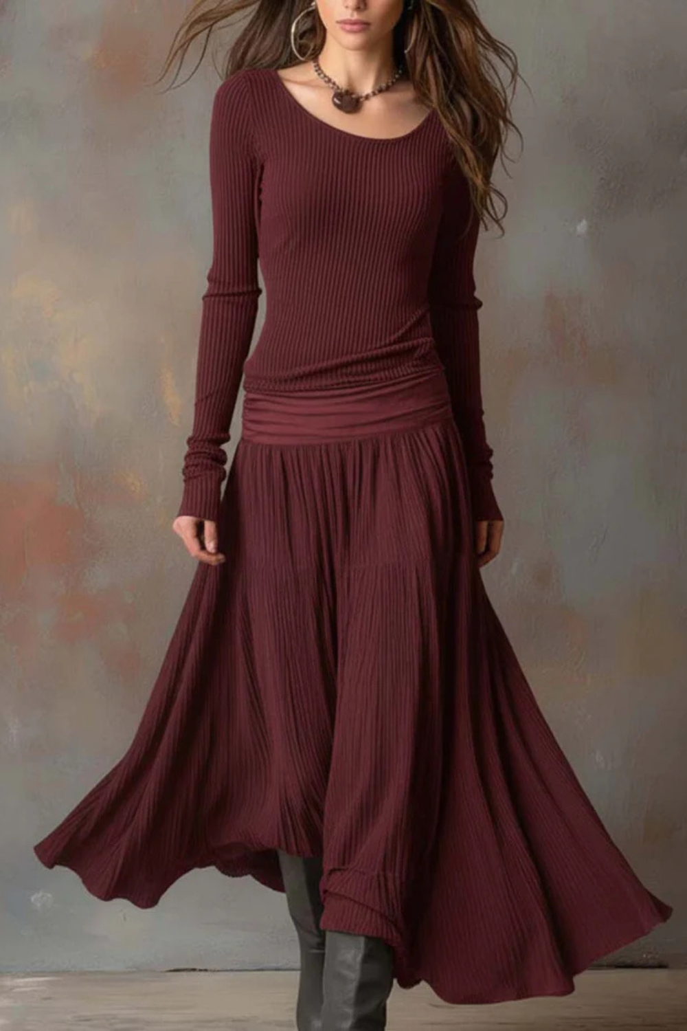 Brunelle – Flowy ribbed design – Long-sleeve maxi dress-10428391850327-ZARA MAE LONDON