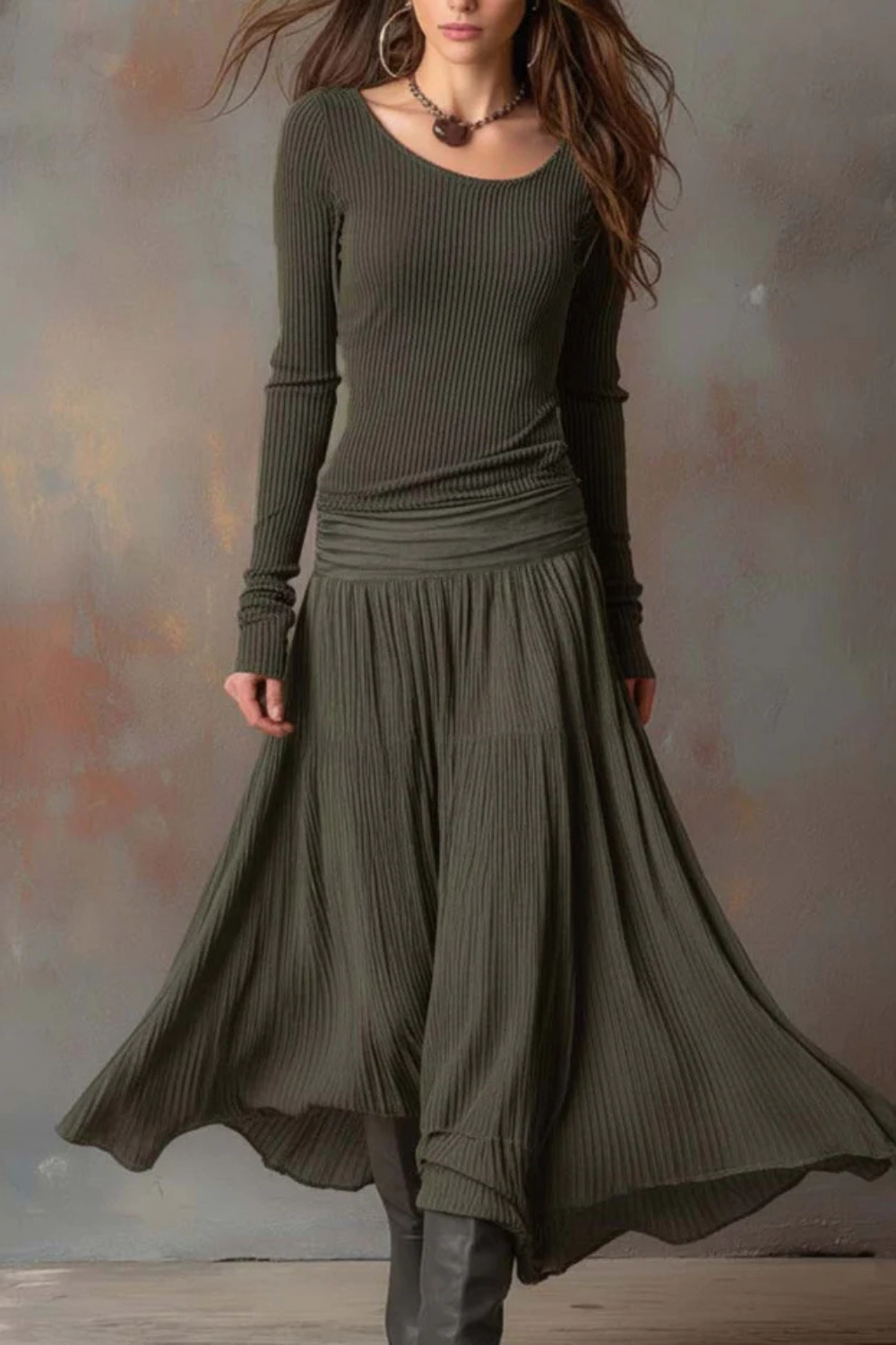 Brunelle – Flowy ribbed design – Long-sleeve maxi dress-10428391850327-ZARA MAE LONDON