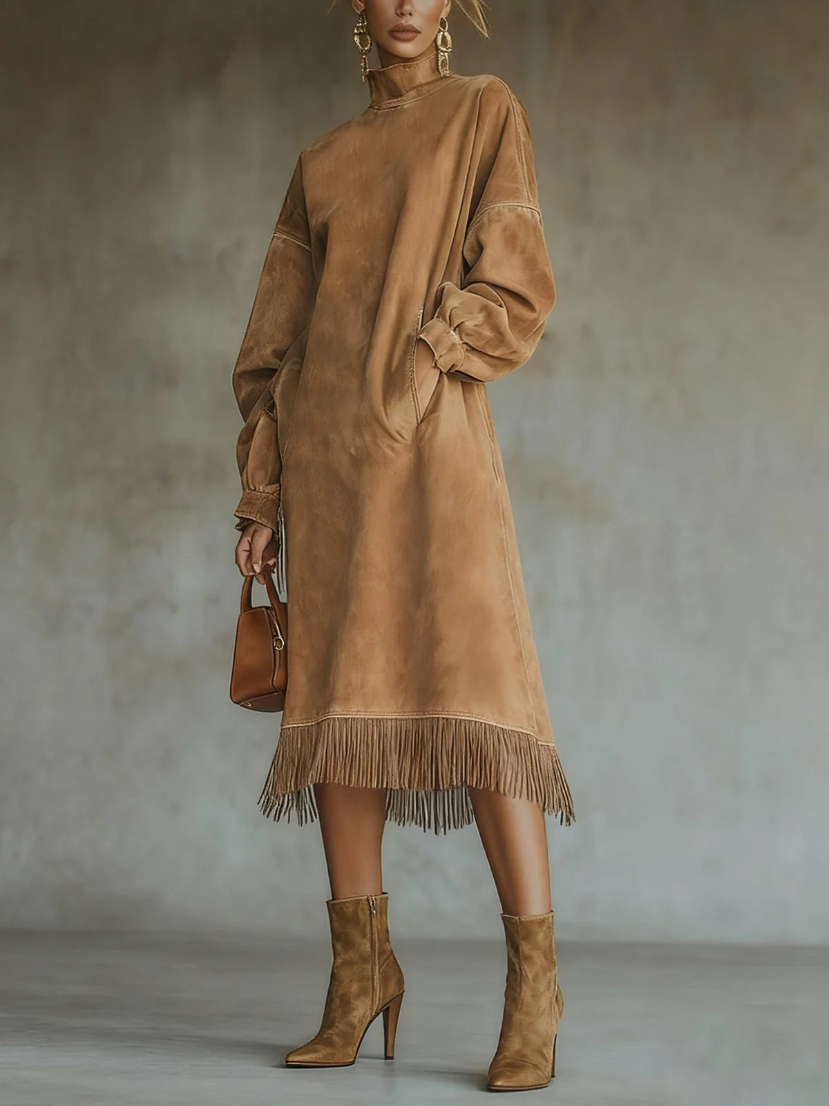 Valdrina – Suede fringe detail – Midi turtleneck dress-10434771747159-ZARA MAE LONDON