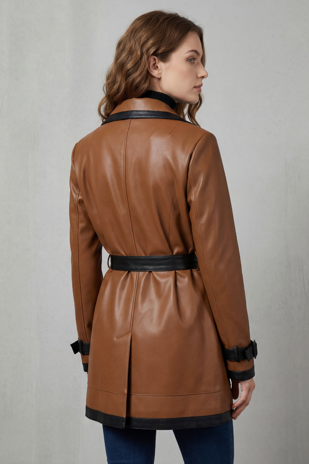 Mirella – Contrast trim wrap – Belted faux leather trench coat-10482698027351-ZARA MAE LONDON