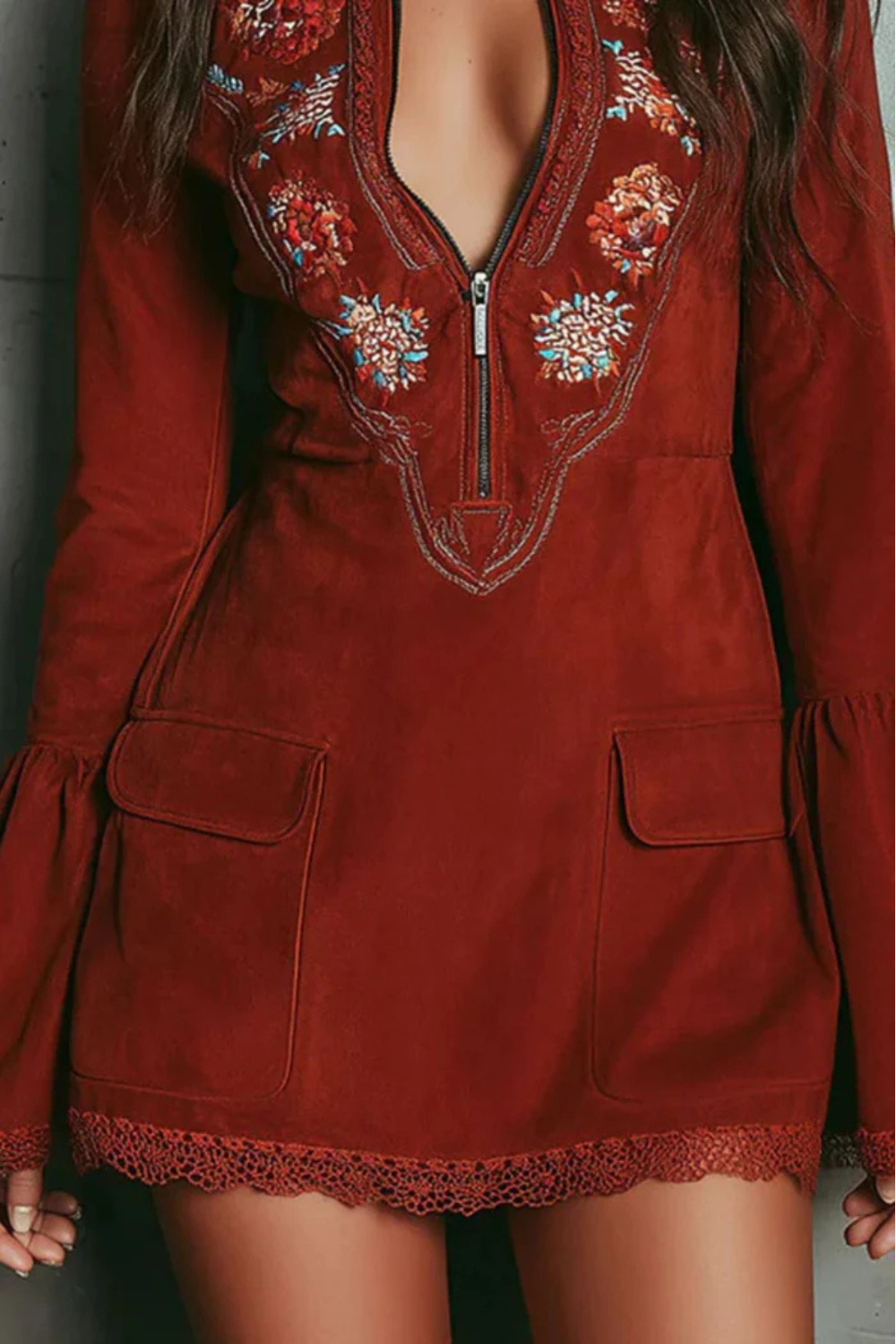 Rosavine – Embroidered neckline – Suede mini dress