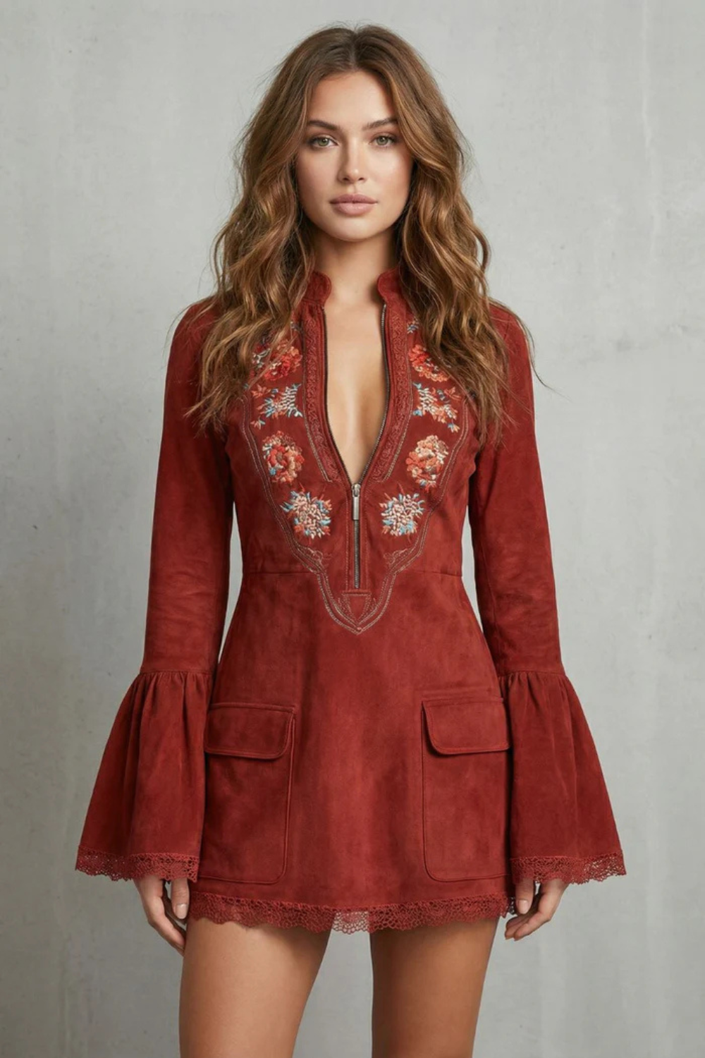 Rosavine – Embroidered neckline – Suede mini dress