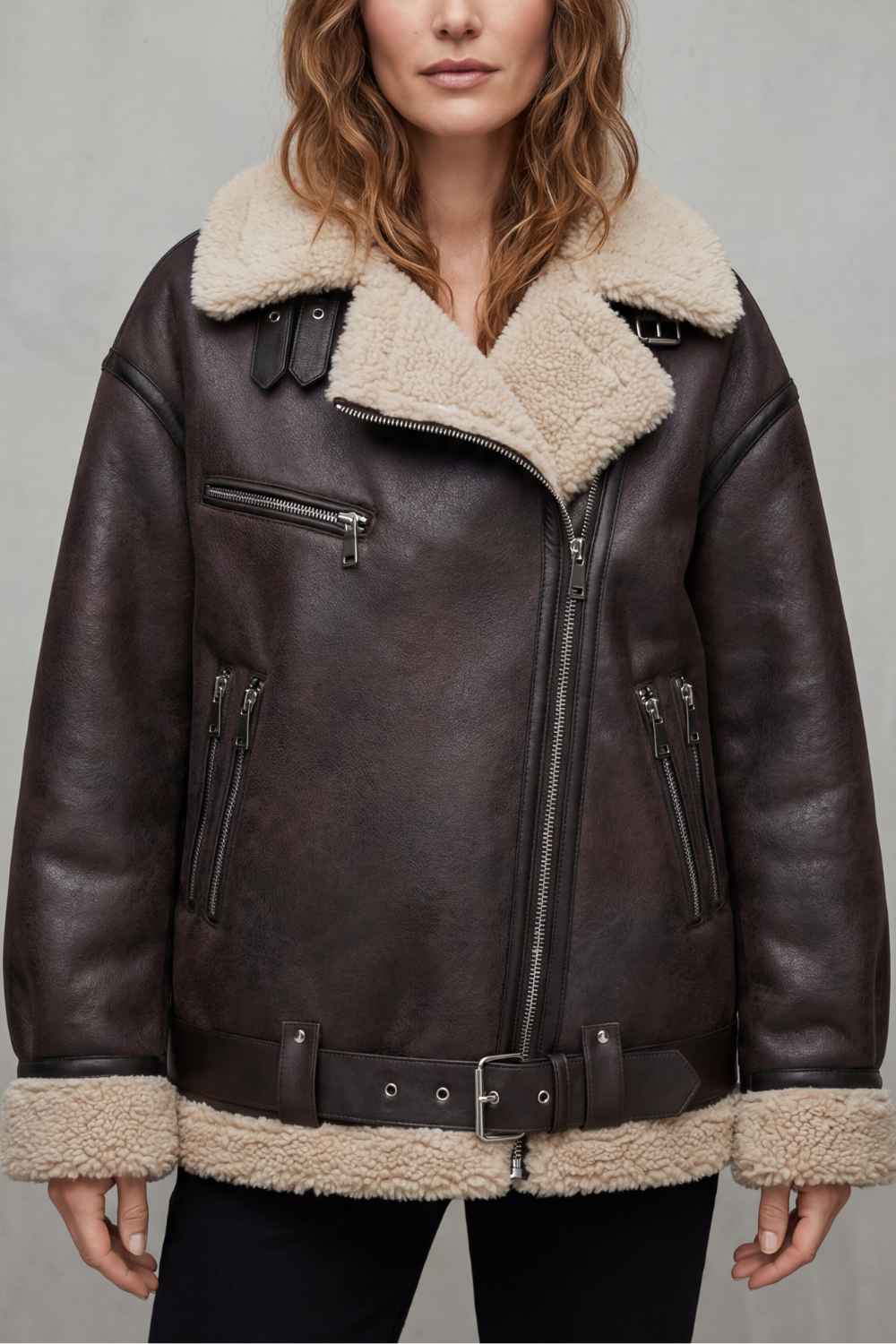 Rouxvelle – Belted shearling trim – Aviator coat-10482624364887-ZARA MAE LONDON
