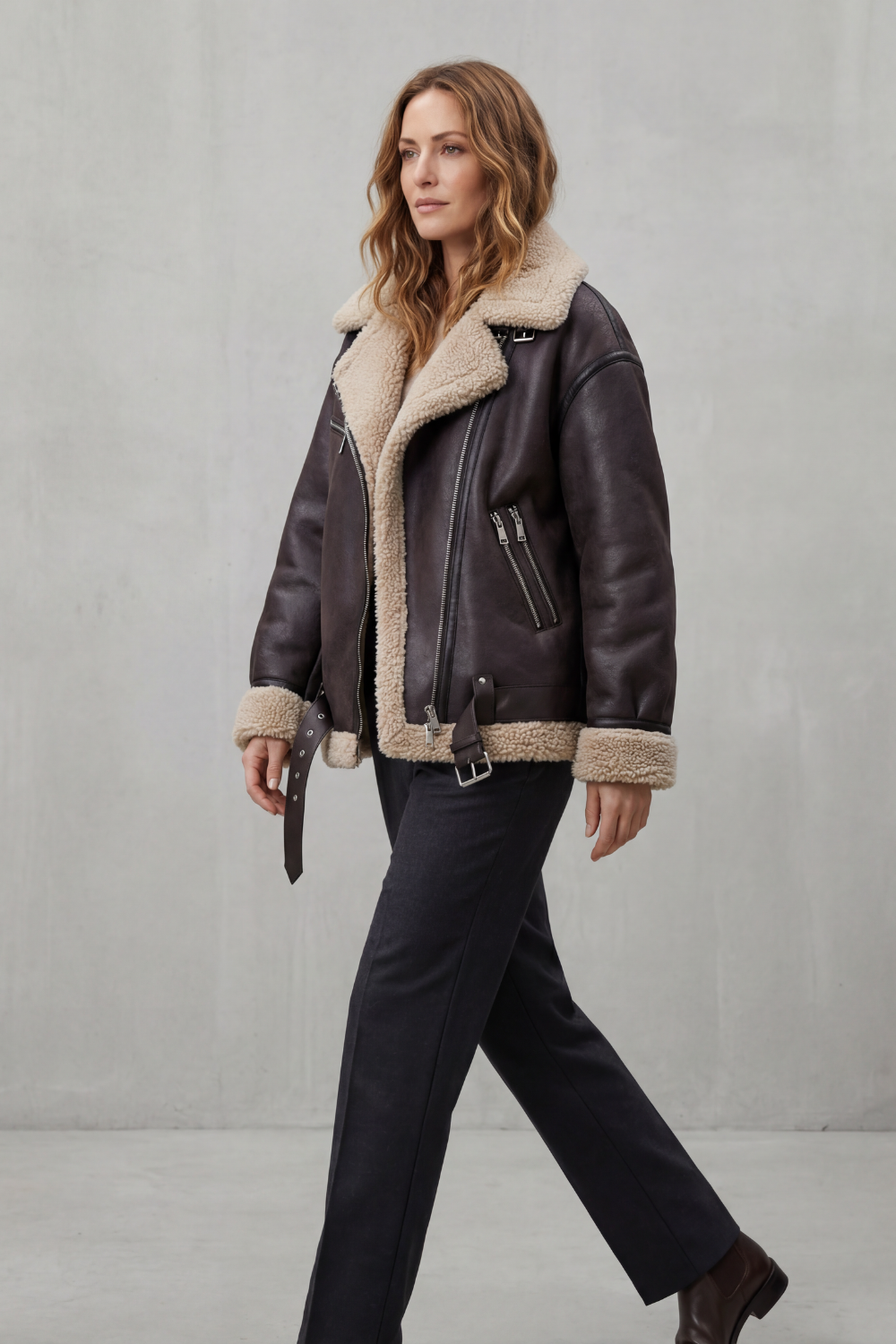 Rouxvelle – Belted shearling trim – Aviator coat-10482624364887-ZARA MAE LONDON