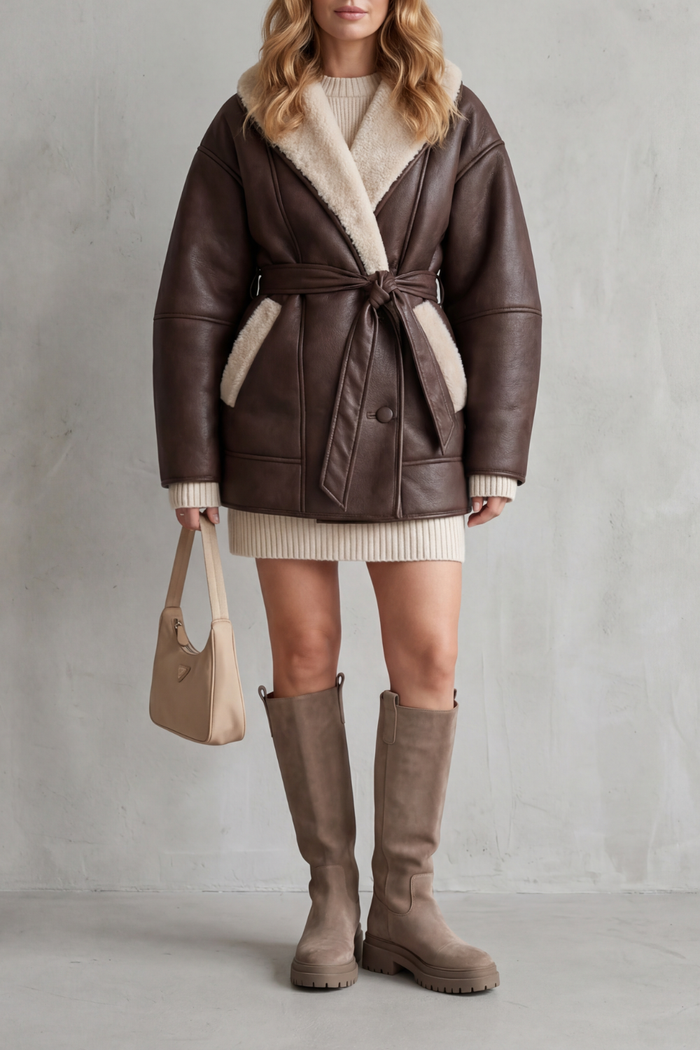 Sorelline – Contrast fleece wrap – Belted faux leather coat-10482651103575-ZARA MAE LONDON