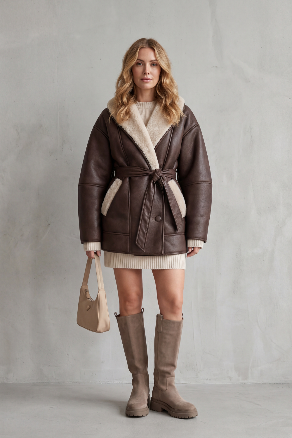 Sorelline – Contrast fleece wrap – Belted faux leather coat-10482651103575-ZARA MAE LONDON