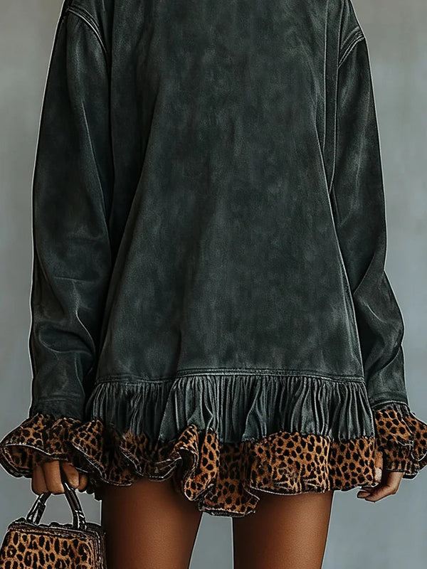 Selvatta – Leopard trim ruffle – Suede mini dress-10434806808919-ZARA MAE LONDON