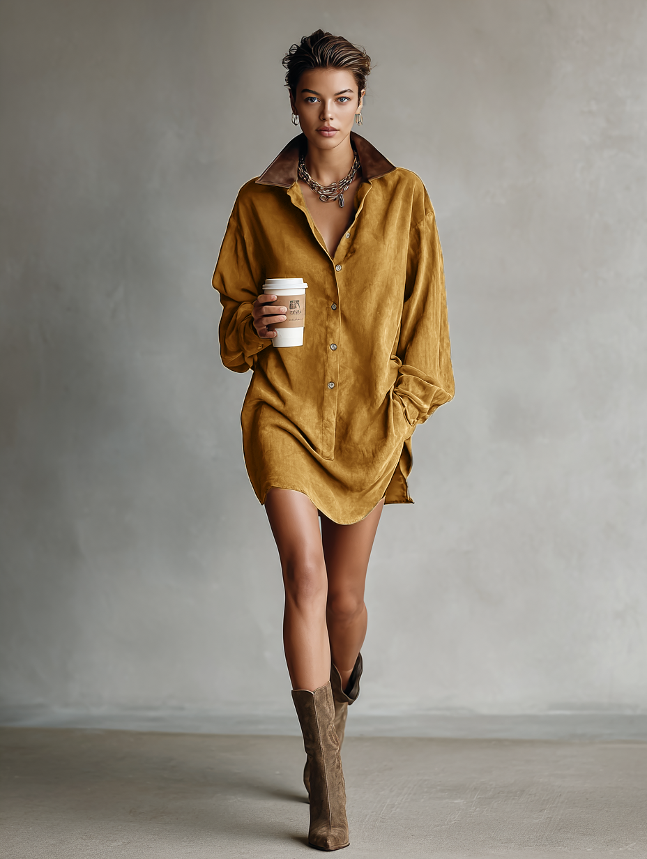 Lorentza – Two-tone collar detail – Suede shirt mini dress-10434775417175-ZARA MAE LONDON