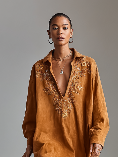 Solvèra – Embroidered plunge detail – Suede shirt dress-10434773090647-ZARA MAE LONDON