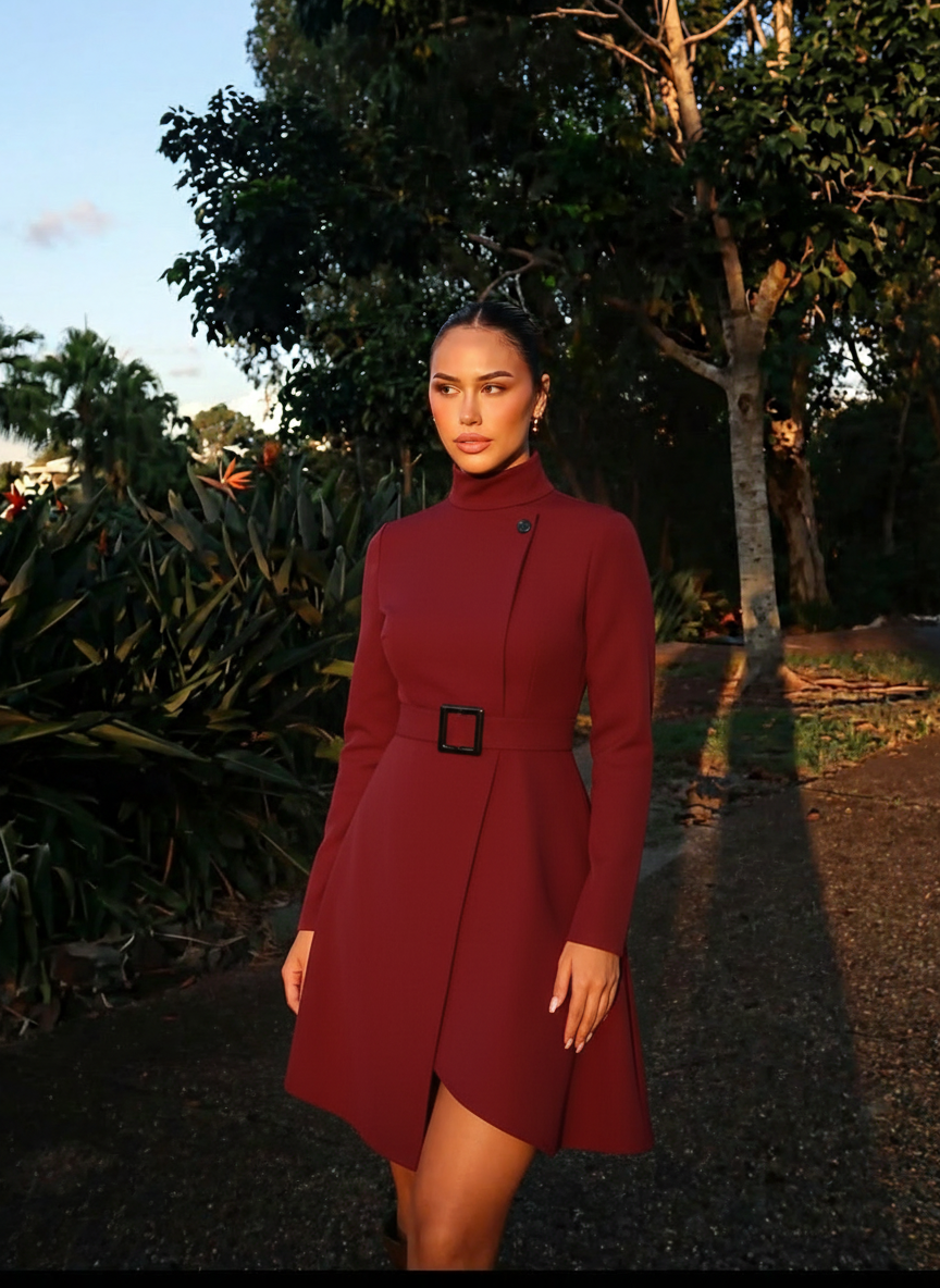 Nivara – Asymmetric belted waist – A-line midi dress