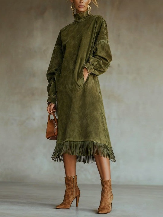 Valdrina – Suede fringe detail – Midi turtleneck dress-10434771747159-ZARA MAE LONDON