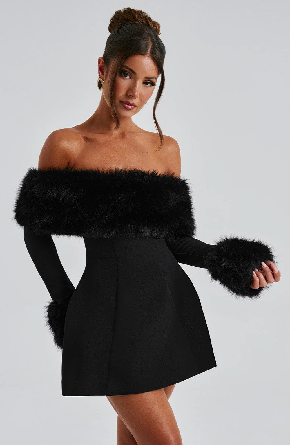 Nevarose – Fur off-shoulder – Mini dress-10417304895831-ZARA MAE LONDON