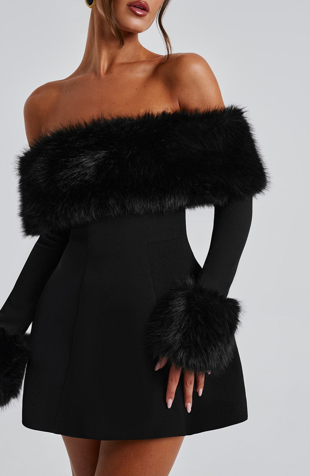 Nevarose – Fur off-shoulder – Mini dress-10417304895831-ZARA MAE LONDON
