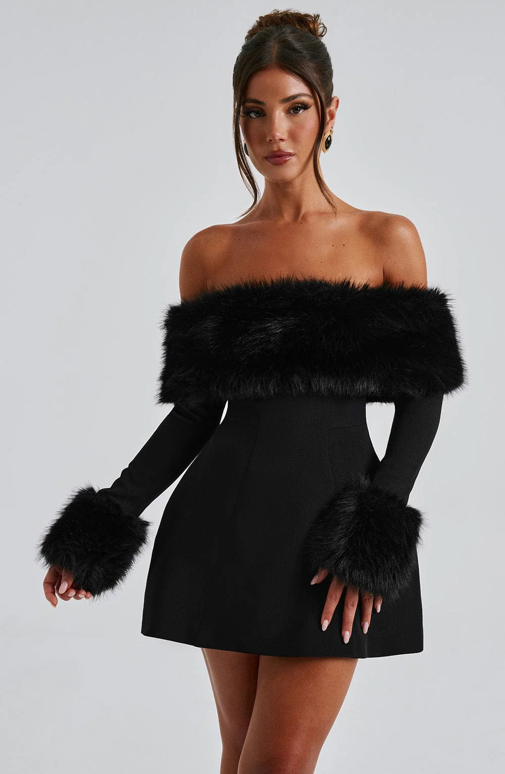 Nevarose – Fur off-shoulder – Mini dress-10417304895831-ZARA MAE LONDON